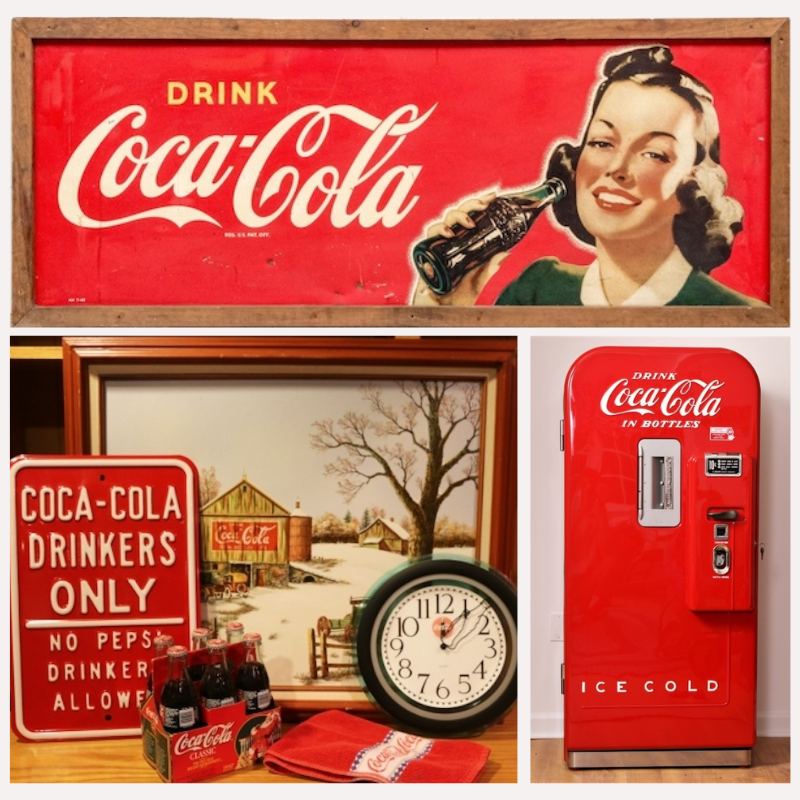 Examples of Coca-Cola inspired Americana includes signage and vintage bottle dispensers